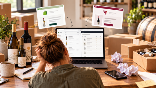 A winery owner is frustrated trying to sell wine online and looking for an app that connects Shopify with Vinoshipper