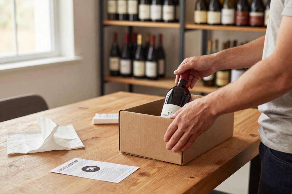 A winery owner packs a bottle of wine to ship after selling wine online.